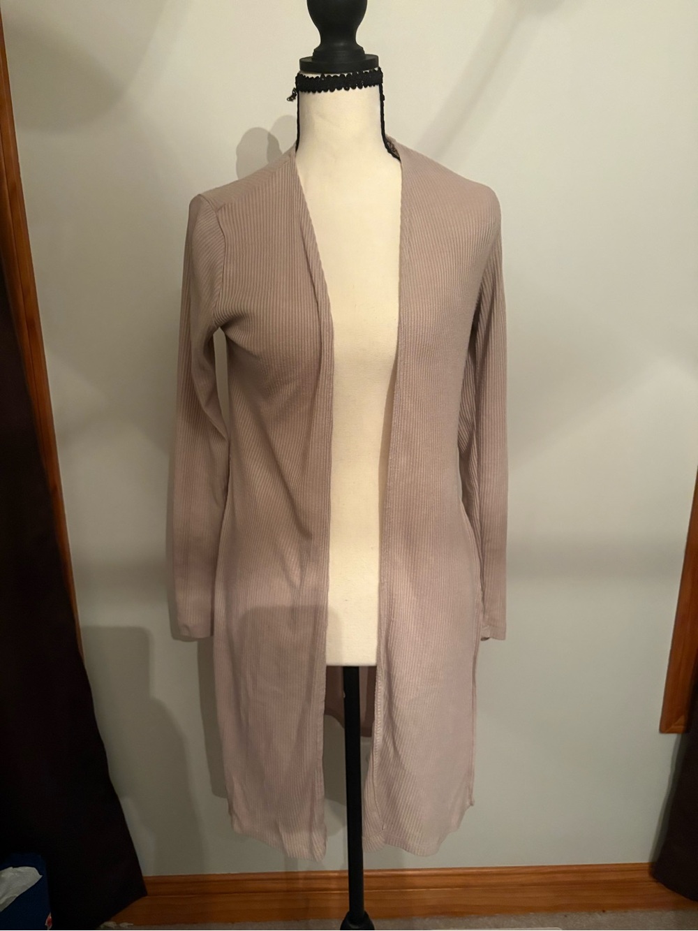 Ambiance Long Open-Front Ribbed Cardigan in Taupe